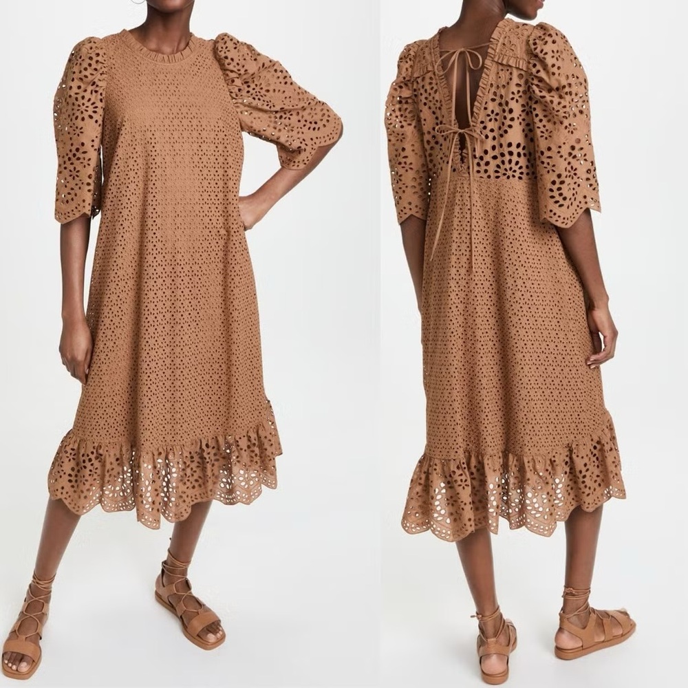 MUNTHE Cogga Organic Cotton Eyelet Midi Dress In Camel Brown Women’s 40
